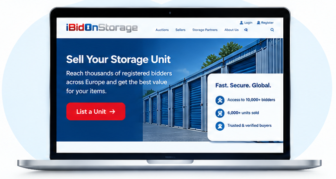 iBidOnStorage website showing the Sell Your Storage Unit page on a laptop